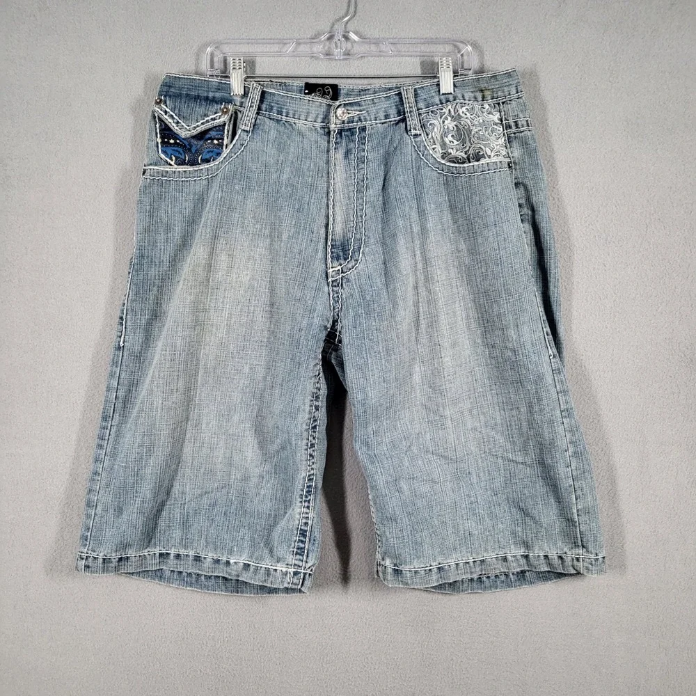 Delf Shorts Men's 38 Blue Denim Cargo Embellished Pockets Casual Baggy Y2K